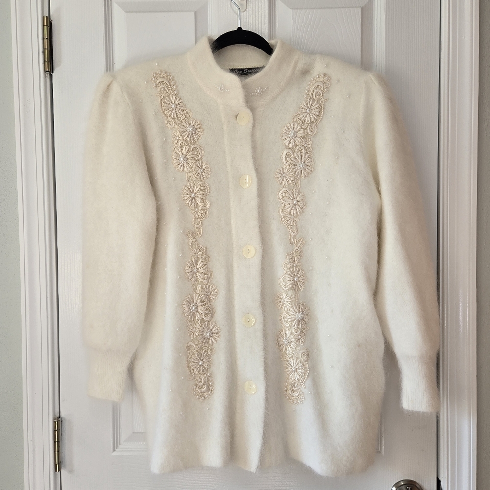 Vintage Lee Sands White Angora  Sweater Beaded Cardigan Grandmacore One Size